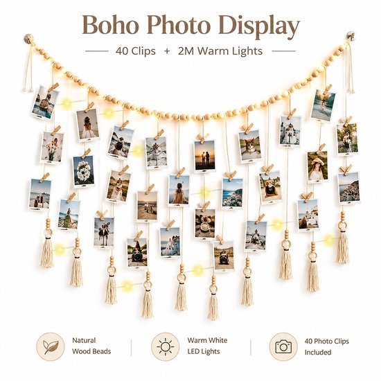 Boho fotodisplay met 40 foto's, 40 clips, 2M warmwitte LED-verlichting en houten kralen. Een decoratieve wandhanger met kwastjes.