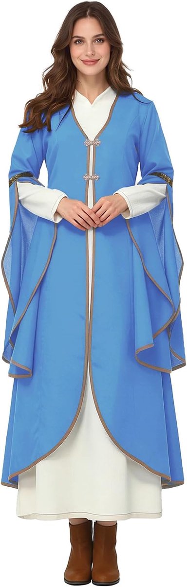Renaissance-badjas voor dames, lange manteljurk met V-hals en klokmouwen, vloerlange kostuumjas voor Halloween, cosplay, gothic fantasy, tudor, re-enactment
