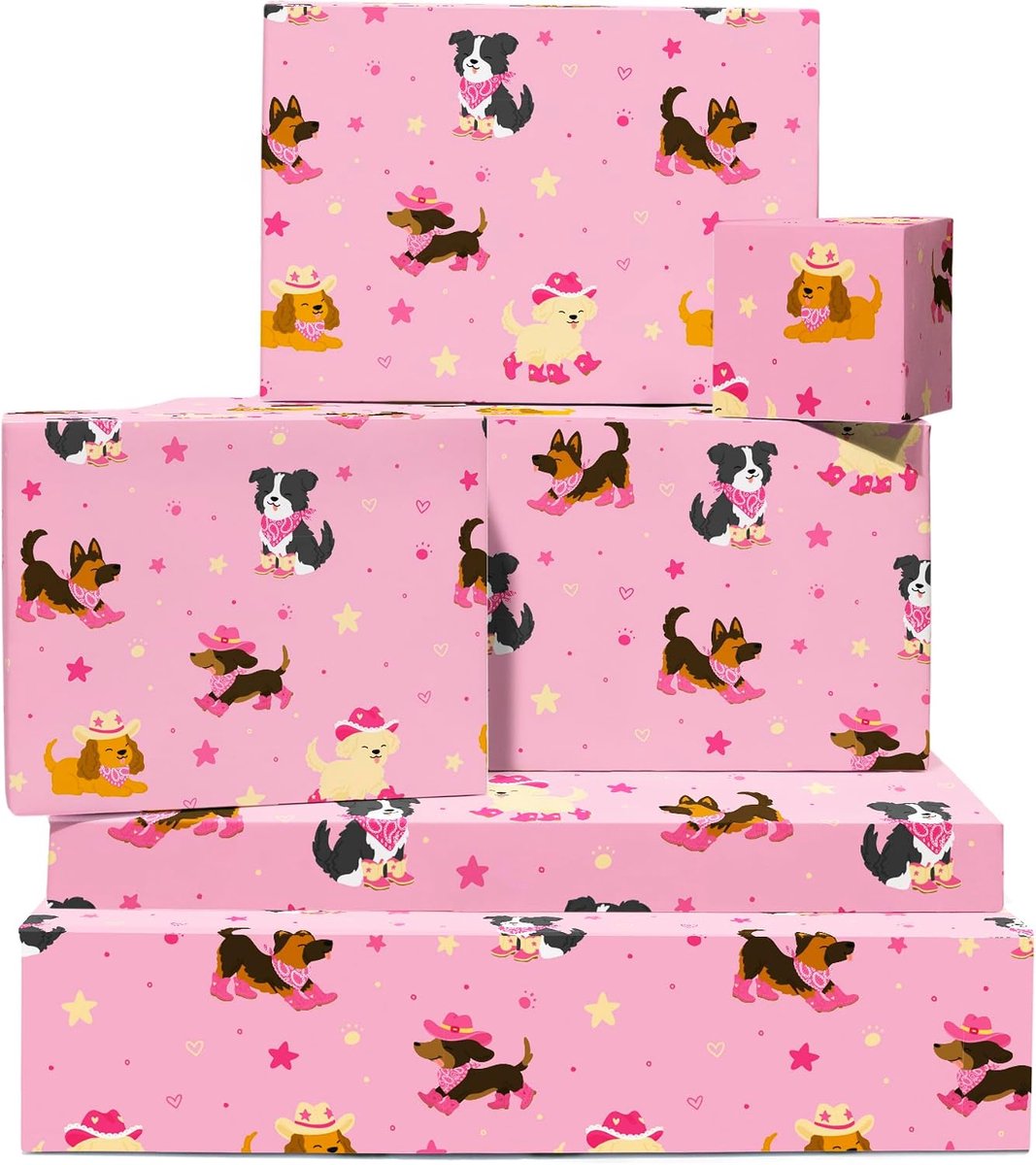 Inpakpapier - 6 vellen geschenkverpakking voor hondenliefhebbers, kinderen of vrienden - verjaardag Kerstmis babyshower - schattige puppy's met hoeden en laarzen - wordt geleverd met tags van