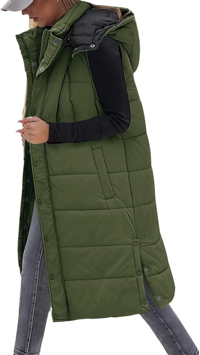 Lang vest voor dames, met capuchon, ritssluiting, gewatteerd vest, donsjack, mouwloos, warm, met zakken