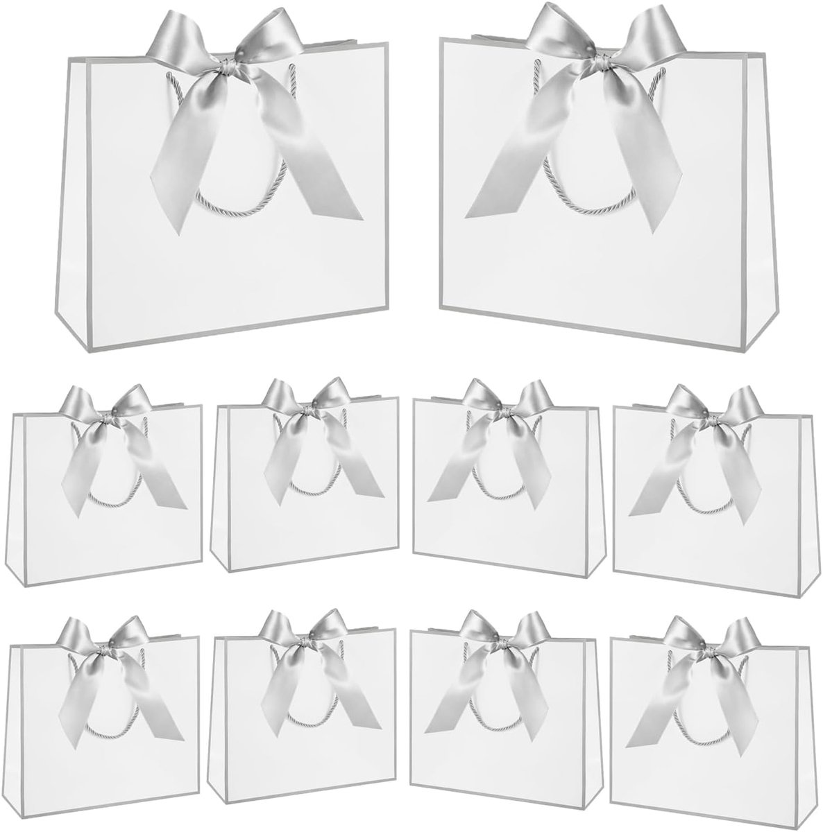 Geschenkzakjes met striklint, papieren geschenkzakjes met handgrepen, geschenkzakjes voor bruiloft, feest, babyshower, verjaardagsvieringen (wit, zilver, 32 x 25 x 11 cm)