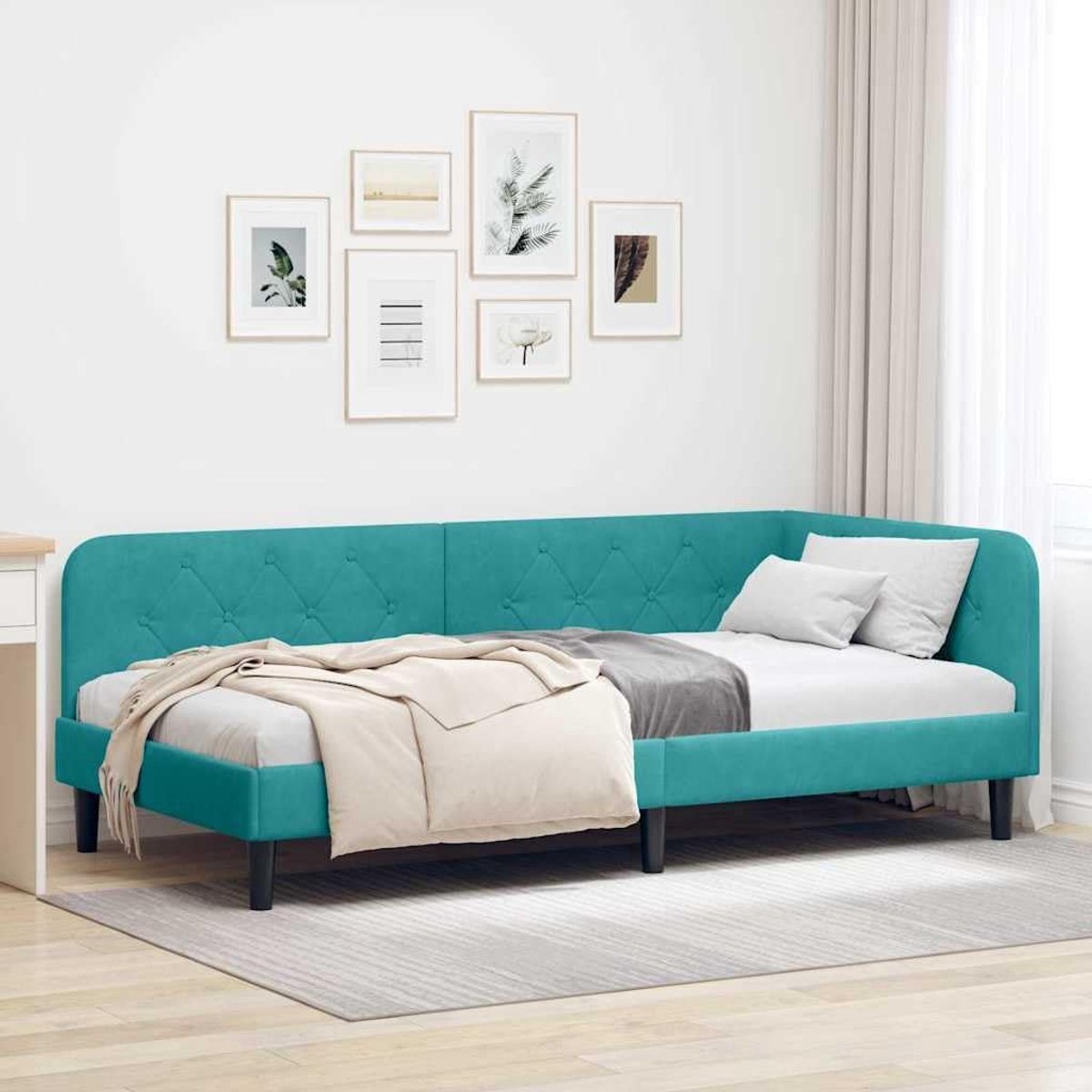 L vormig omkeerbaar Hoekbedframe Turquoise 90 x 190 cm
