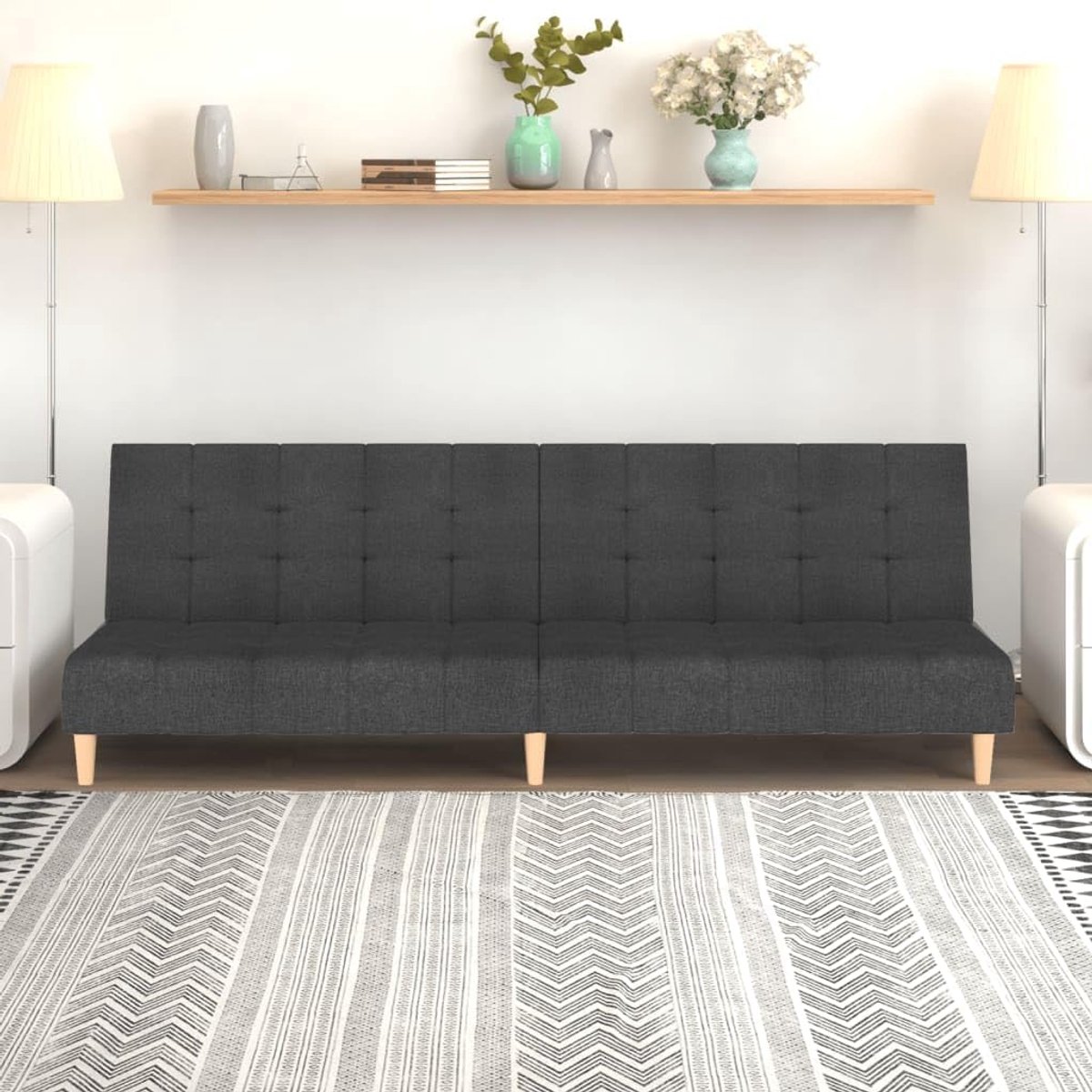 2-zits donkergrijs stof inklapbare slaapbank met 2-in-1 functie en robuuste houten lijst voor gasten en dagelijks comfort.