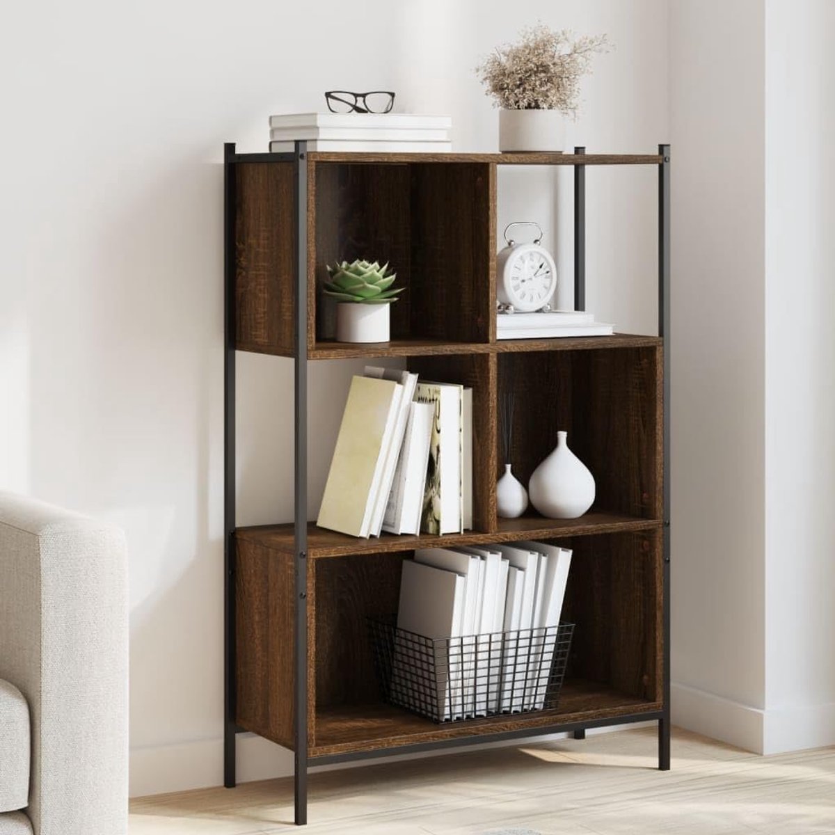 Boekenkast bruin eiken look 72x28x109 cm houtmateriaal met stalen frame