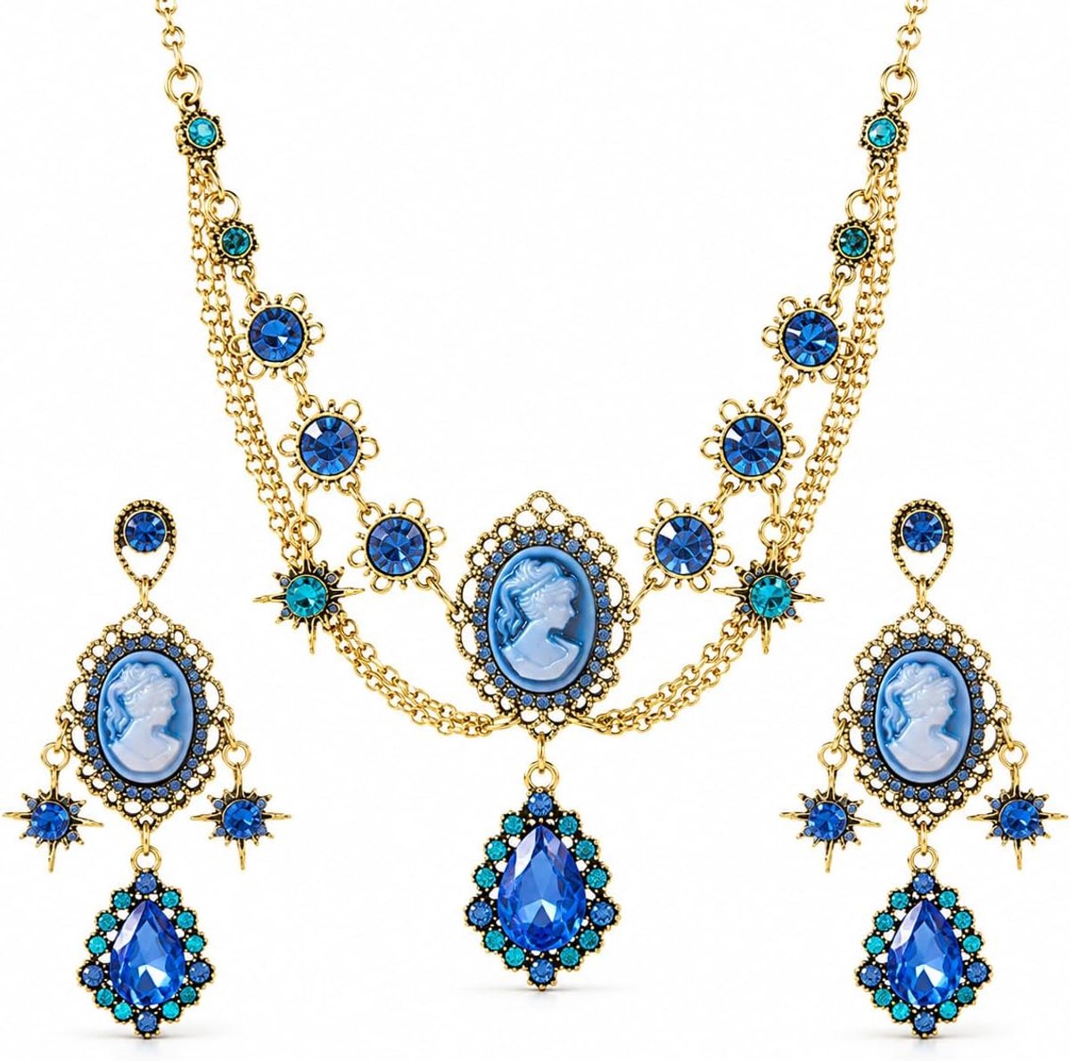 Camee sieradenset blauw kristal gelaagde halsketting druppelhanger kroonluchteroorbellen voor dames