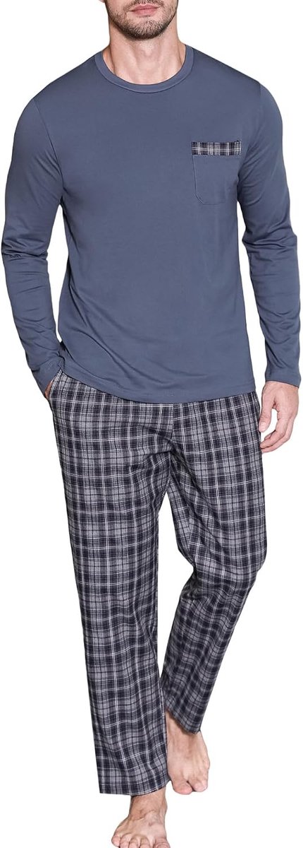 Pyjama voor heren, lange pyjama, 100% katoen, lange mouwen, nachtkleding, sleepwear, nachtkleding, set met ronde hals en geruite broek