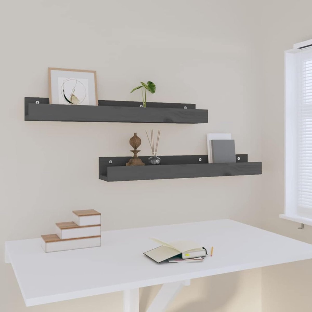Wandplanken, 2 stuks, wandrek, wandrek, zwevende planken, decoratief, voor keuken, badkamer, slaapkamer, woonkamer, massief grenenhout, grijs, 80 x 12 x 9 cm