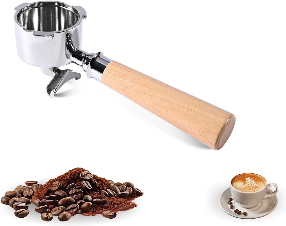51 mm, geschikt voor Delonghi Dedica, roestvrijstalen filterhouder voor Delonghi Dedica espressomachine, 3-gaats koffiezeefhouder met houten handvat