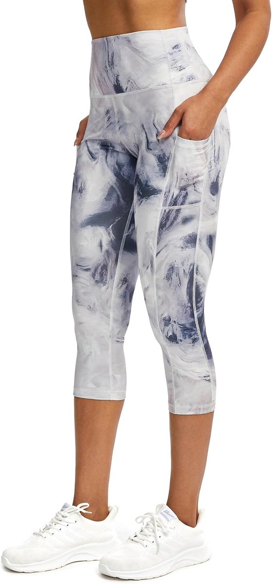 Sportlegging voor dames, 3/4 caprilegging met zakken, sportbroek voor dames, 3/4 ondoorzichtig, fitnessbroek, loopbroek voor dames