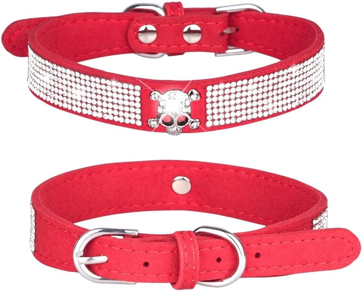 Halsband, schattig, oogverblindend, sprankelend, zacht suède, lederen hond en kat strass halsband, kristal diamanten halsband voor huisdier/hond/puppy (L, Rood-5)