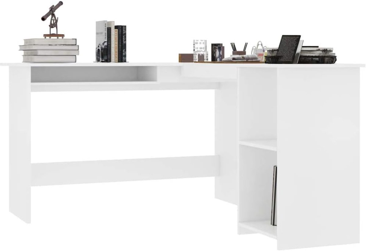 Hoekbureau in L-vorm met 2 open vakken voor bureau, tafel, pc-tafel van spaanplaat voor computer, 120 x 140 x 75 cm, wit/grijs