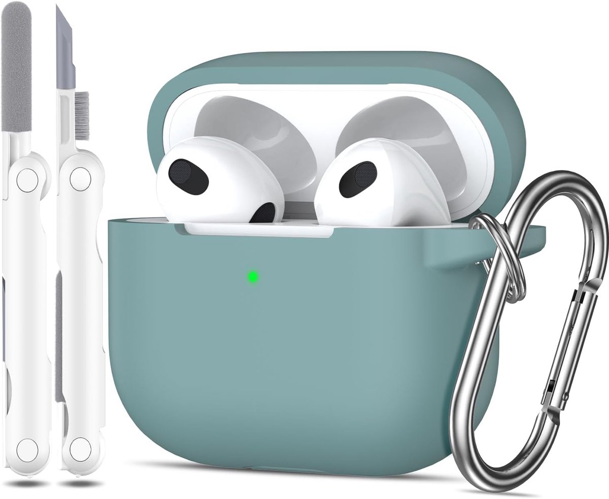 Hoesje voor Airpods 3e generatie 2021, zachte siliconen beschermhoes voor Apple Airpods 3 met zichtbare LED aan de voorkant met reinigingsset, Dennengroen
