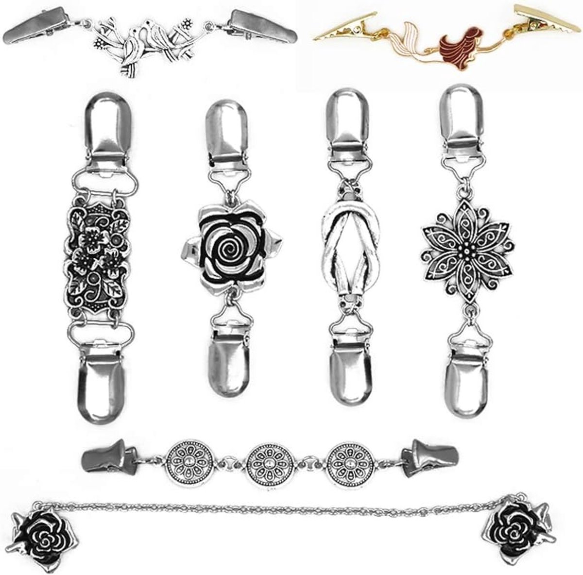8 Stijlen Zilver Goud Vintage Trui Sjaal Clip Kraag Pins Broches Retro Bloem Patronen Vest Kraag Clips Voor Vrouwen Meisjes, Metaal