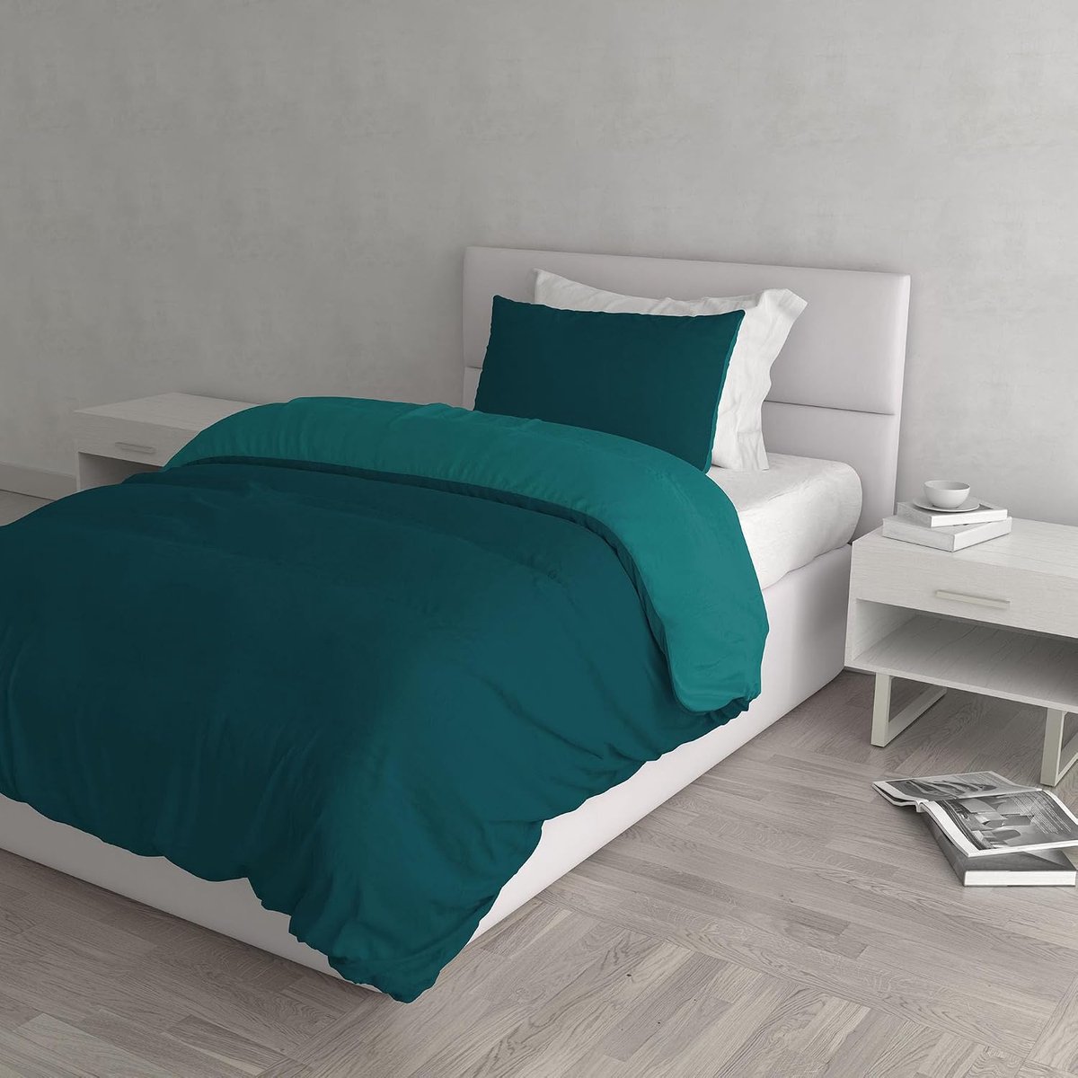 Dekbedovertrek Set met Doubleface Effen Kleur Tas Sheet en Kussensloop, 100% Katoen, Benzine Groen/Flessen Groen, kleine dubbele