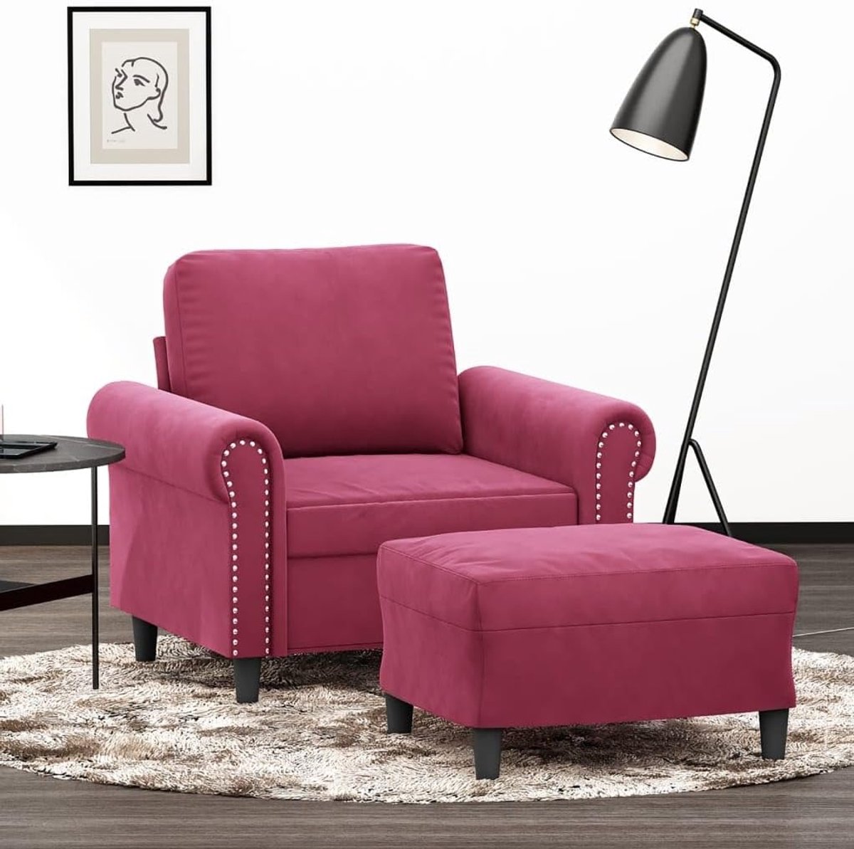 Fauteuil met kruk in wijnrood, 60 cm, fluwelen stof, gestoffeerde stoel met dik gevoerde zitting en robuust metalen frame voor de woonkamer