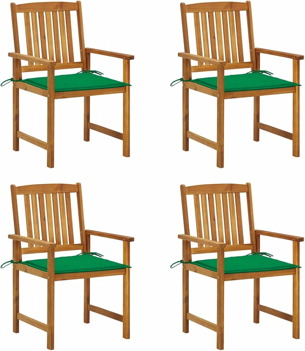 Set van 4 tuinstoelen van massief hout, registerstoelen met kussens, eetkamerstoelen met armleuningen en rugleuning, stoelen voor buiten, van hout, kleur van het kussen groen