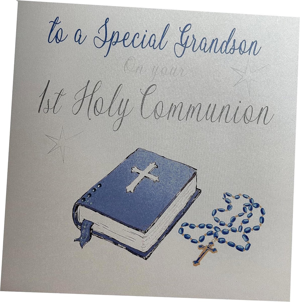 Cotton Cards groot handgemaakt"To A Special Grandson On Your 1st Holy Communion" blauw Bijbel kaart, wit