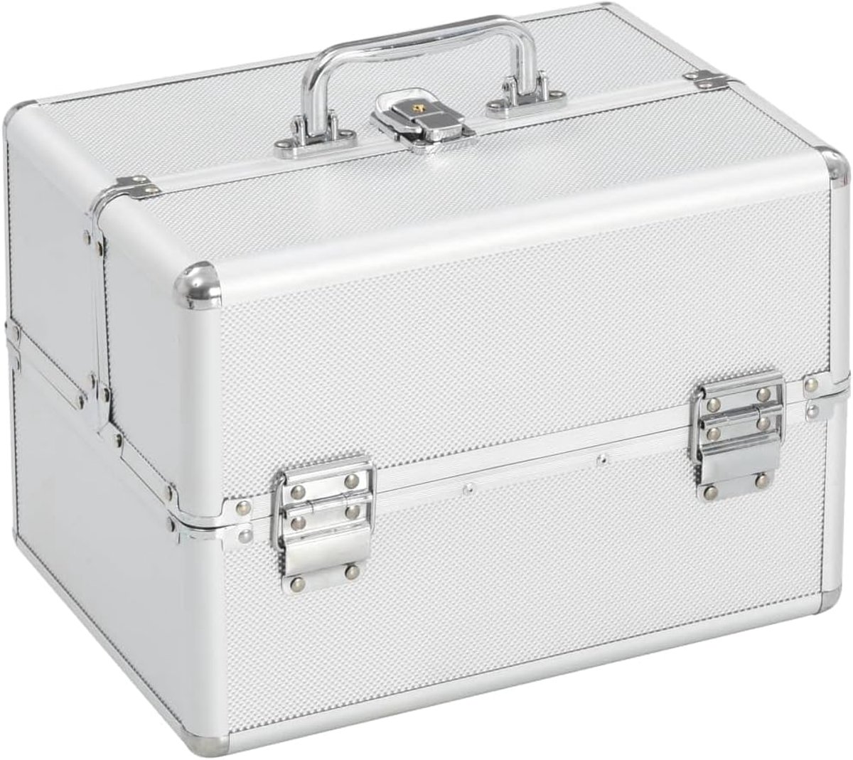 22 x 30 x 21 cm, van aluminium en hout, afsluitbare beautycase voor cosmetica, zilver, zilver, 1, Wijnoogst