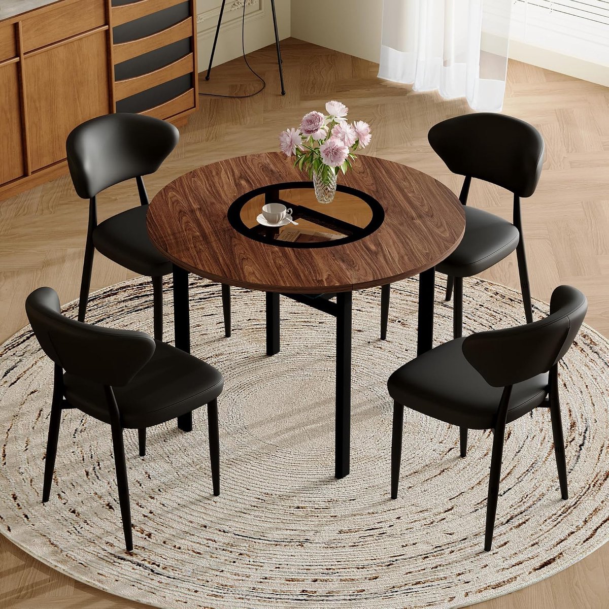 Eettafel set 4 stoelen, moderne eettafel Ø 100 cm met geïntegreerd opbergvak en glasdetails, eetgroep met stoelen van wit PU voor eetkamer (zwart + glas, 4 stoelen + 1 tafel)