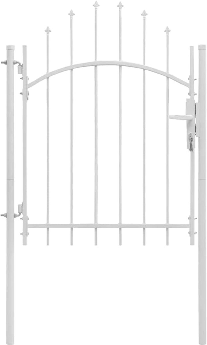 Tuinpoort met gebogen punt, staal 1x1,5 m, wit, gepoedercoat, inclusief palen en scharnieren