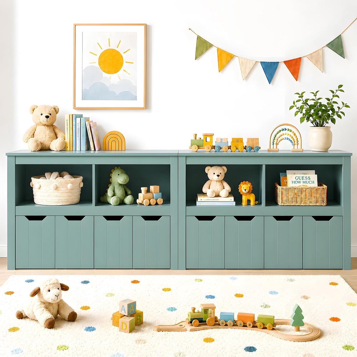 Van 2 speelgoedkasten en kinderboekenkasten, 8 bakken