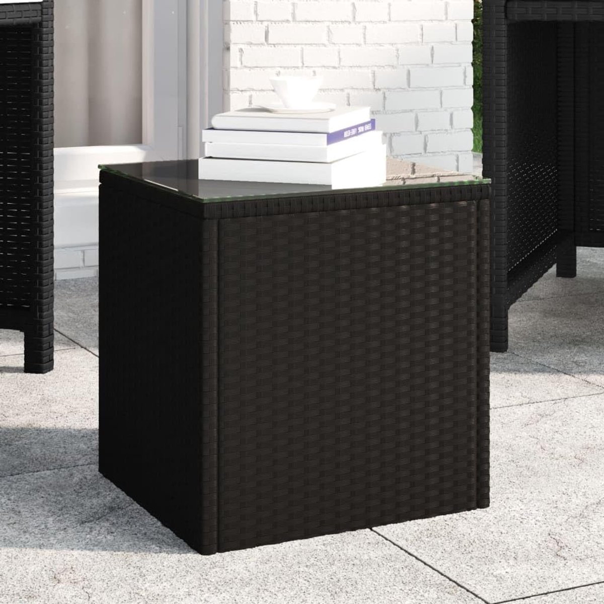 Bijzettafel, kantoor, bijzettafel, opbergtafel, bijzettafel, zwart, 40 x 37 x 40,5 cm, polyrotan en gehard glas, voor kantoor, woonkamer, slaapkamer