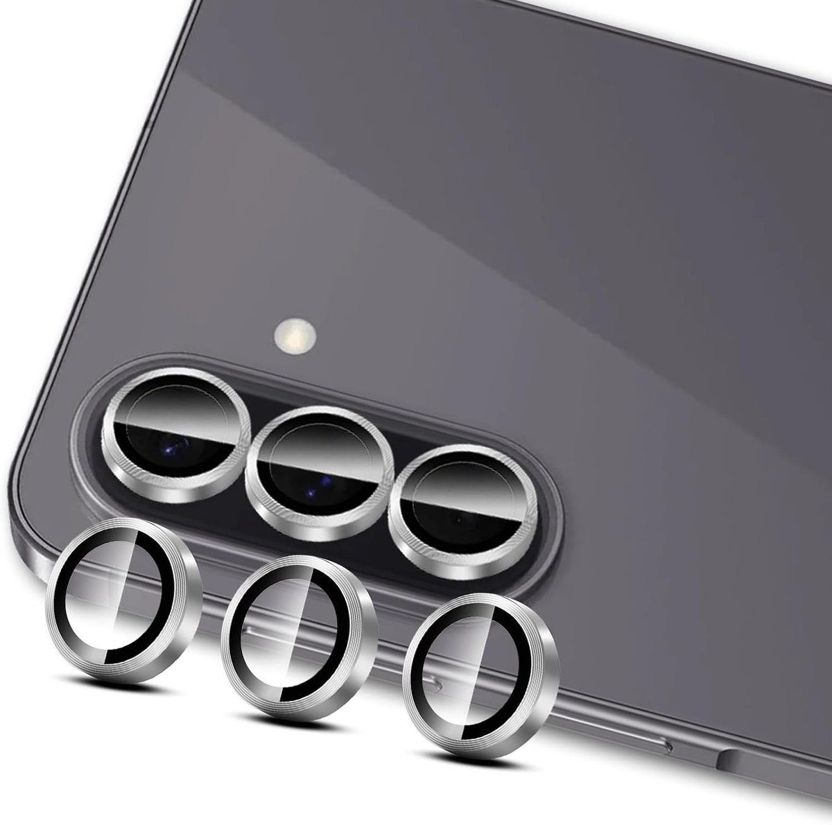 Camerabescherming voor Samsung Galaxy A37 / A57 5G, pantserglas, 2 stuks, zilveren camerabescherming, krasbestendig, individuele ring van metalen lens, volledige afdekking camera