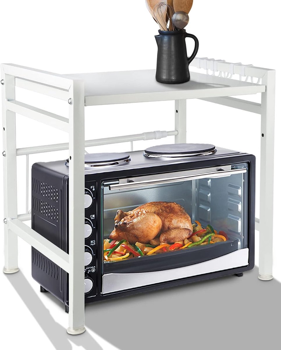 Metalen standaard voor magnetron, 1-laags, keukenplankhouder, uittrekbaar met haken, tot 25 kg (40/64 x 36,5 x 45 cm, wit)