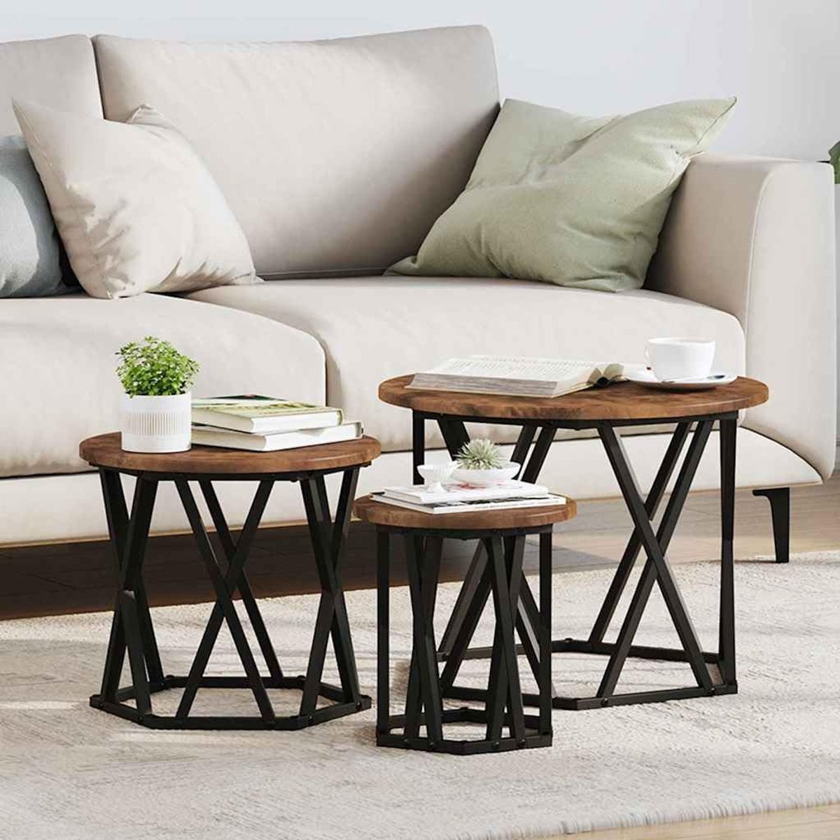 Bijzettafel, 3 stuks, gerookt eiken, moderne ronde salontafelset met stalen frame voor woonkamer, lounge, praktische legplank, stapelbare tafels