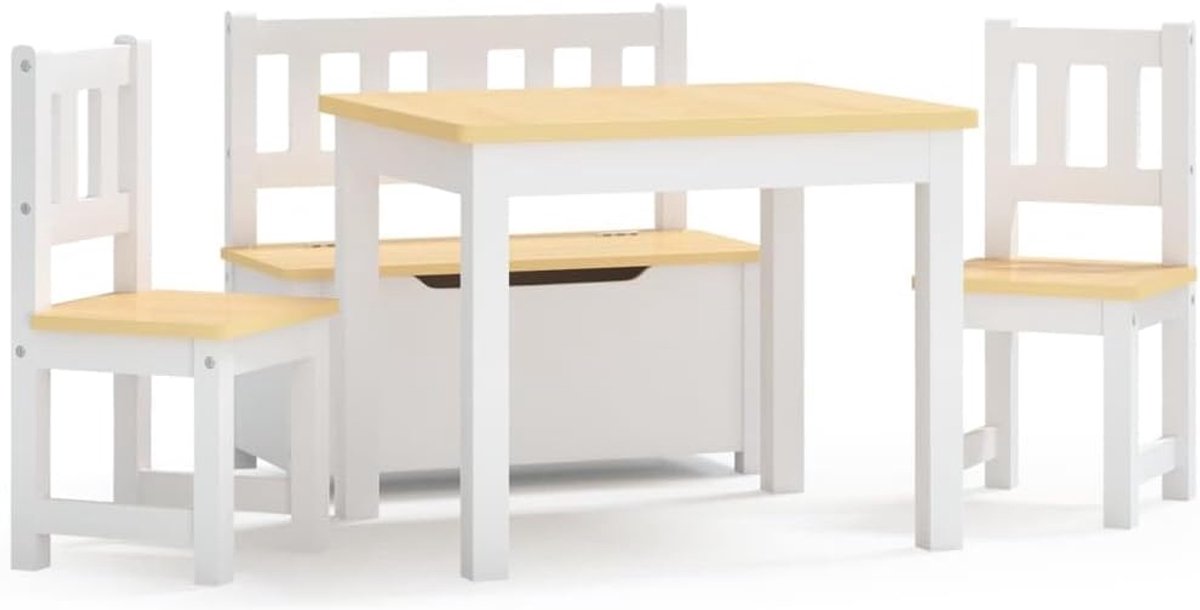 4-delige kinderzitgroep met kistbank, kindertafel en 2 stoelen van MDF, kindermeubelset voor speelkamer, schilderen en knutselen, wit en beige