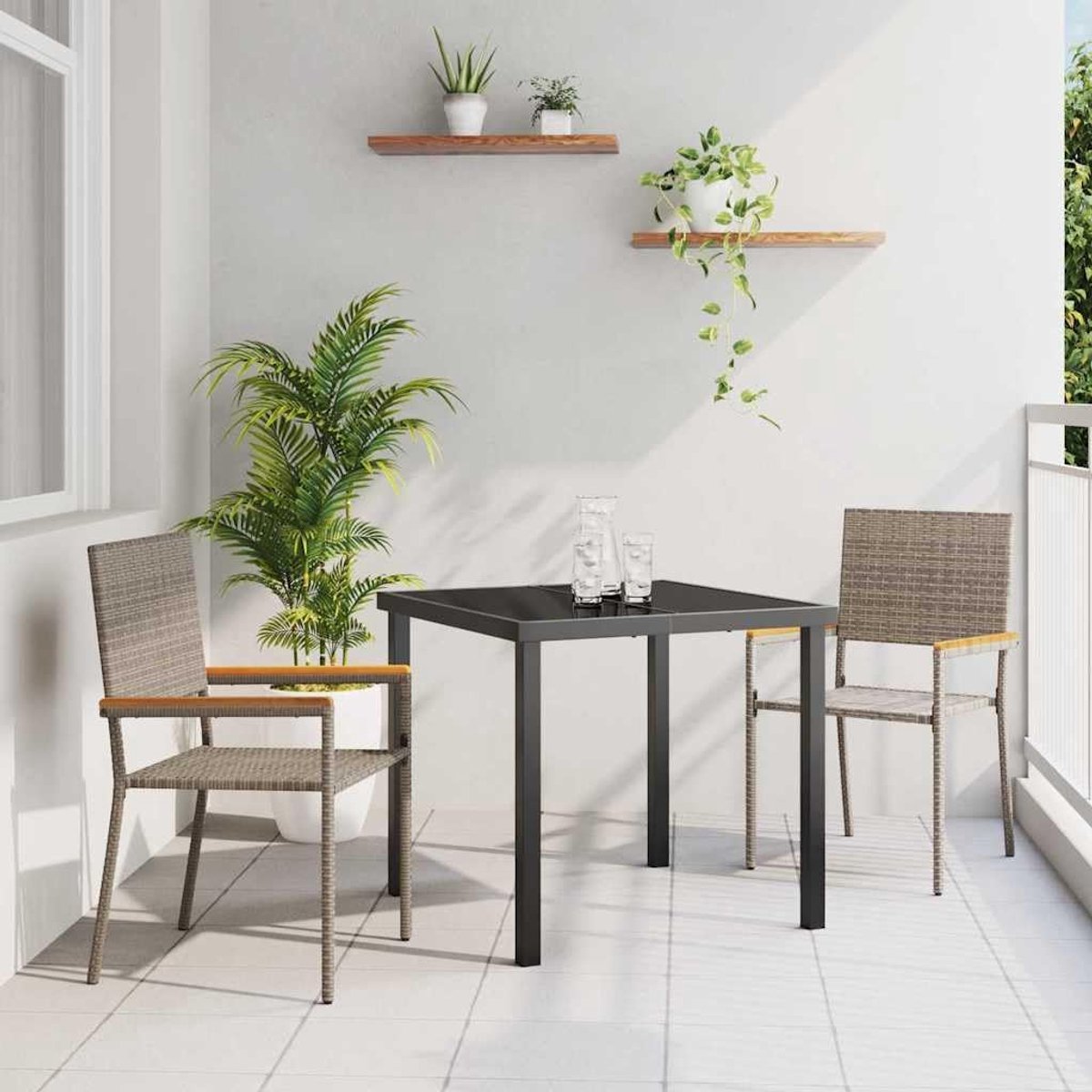 Set van 2 tuinstoelen grijs bruin 54 x 56 x 90 cm, moderne stapelstoelen met stalen frame en houten armleuningen van acacia, perfect voor terras en tuin.
