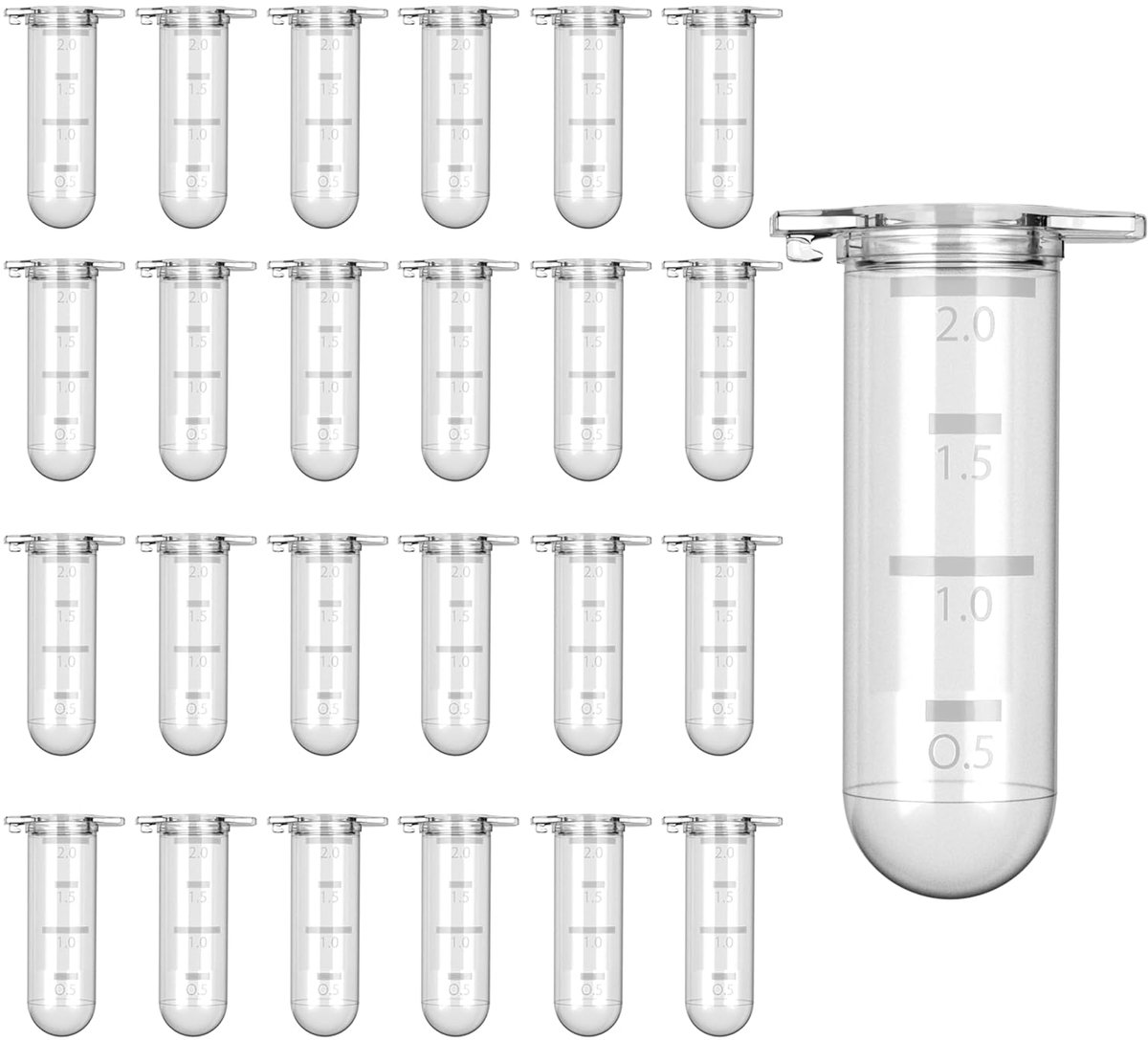 2,0 ml, 25 stuks, centrifugaalbuizen, stofcapsules, dicht en lekvrij, monsterbuisjes voor laboratorium, monsters, globubbels en onderzoek, poeder monsterbuisjes transparant