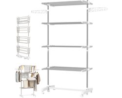 Mobiel wasrek - Wasrek met wielen - Mobiel Wasrek met 6 Wielen - Wit/Zilver RVS - 142x55x172 cm - Vouwbaar en Verstelbaar - Met Sokkenclips