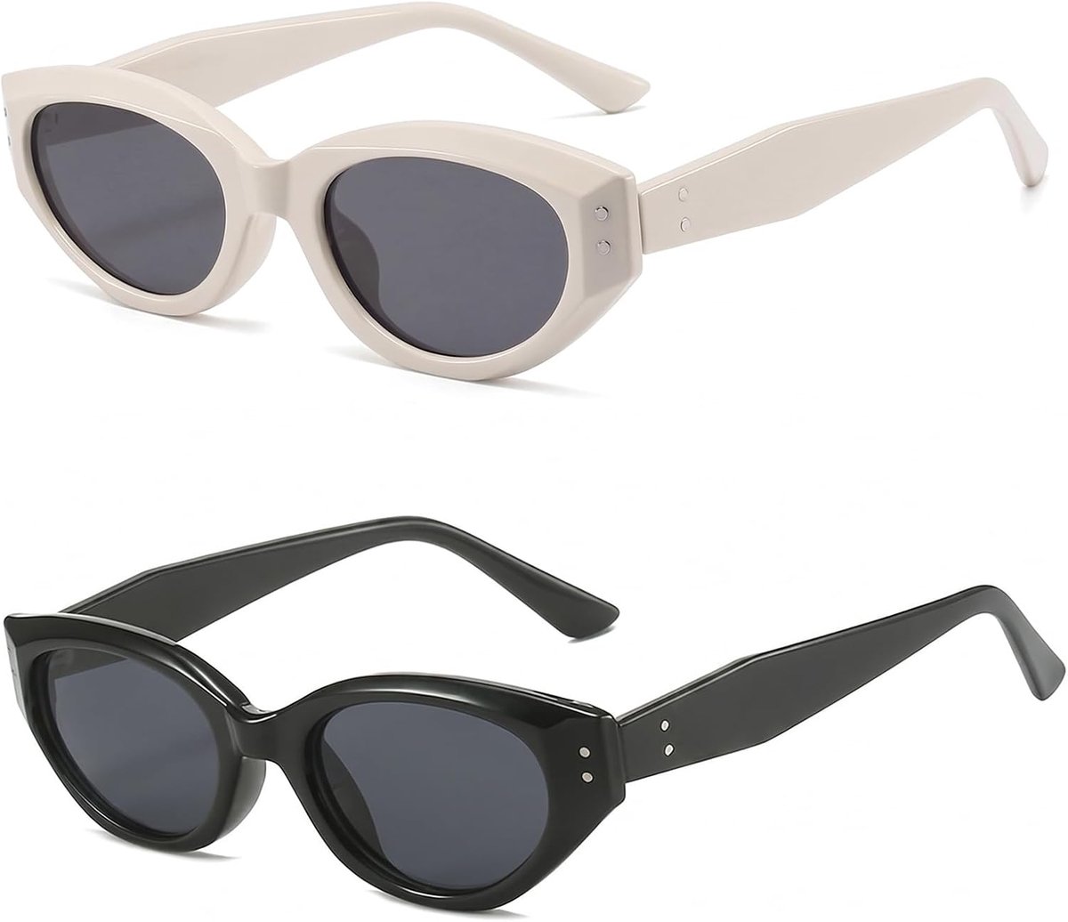 Zonnebrillen voor dames, vintage, ovaal, retro-zonnebril, UV400-bescherming, set zonnebril, zwart en beige met grijze glazen, voor reizen, zee en vrije tijd