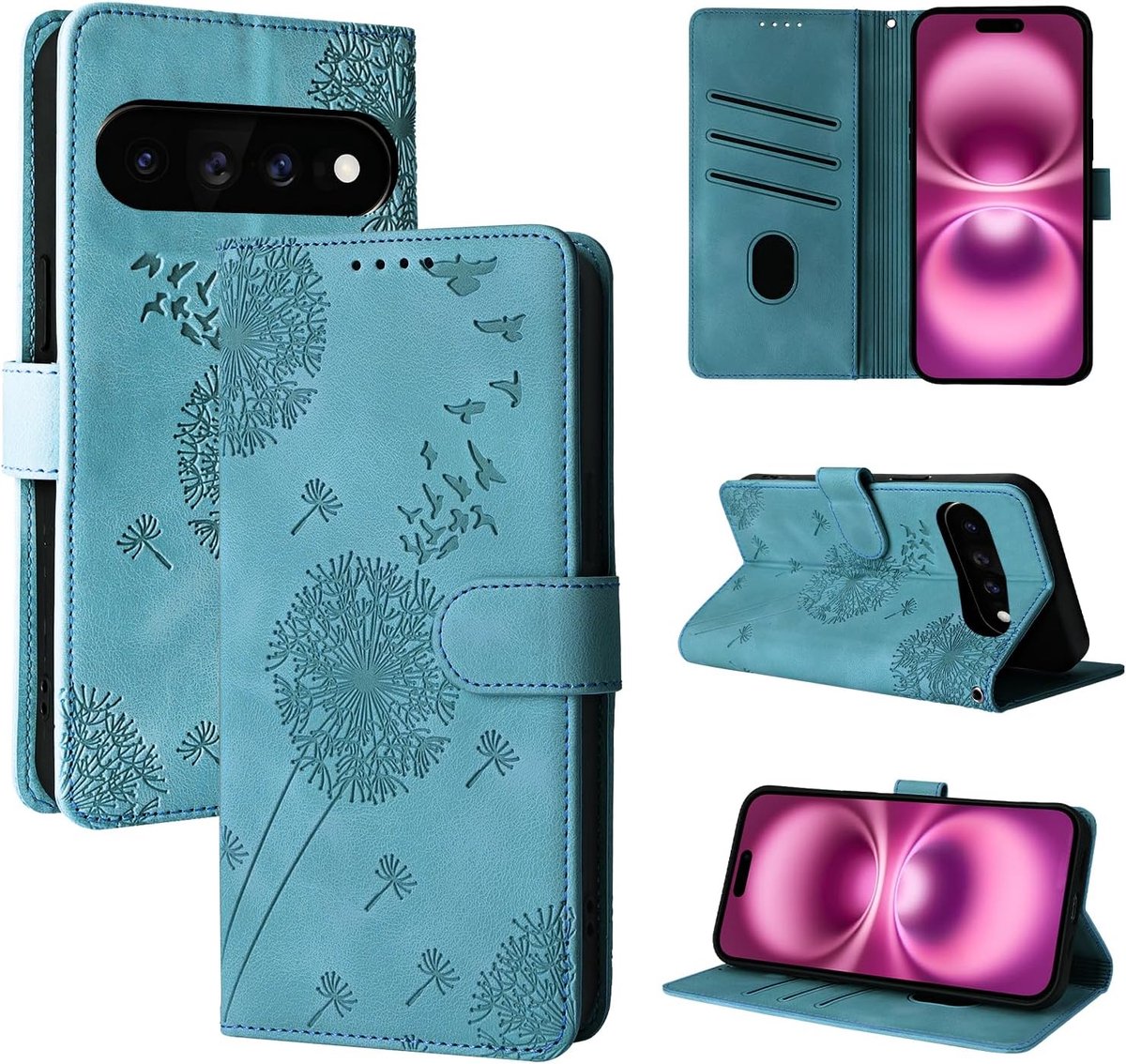 Hoes voor mobiele telefoon voor 5G 6,3 inch, paardenbloem, PU-leer, flip case, portefeuille, tas, hoes, magnetische telefoonhoes voor 5G 6,3 inch, blauw