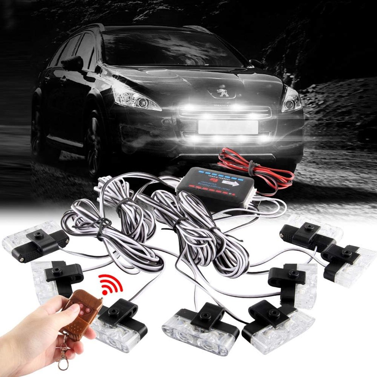 8x2LED 8 in 1 afstandsbediening draadloze 12V noodstroboscoop waarschuwingslampje knipperende roosters licht voor auto vrachtwagen DRL ambulance politie licht (wit)