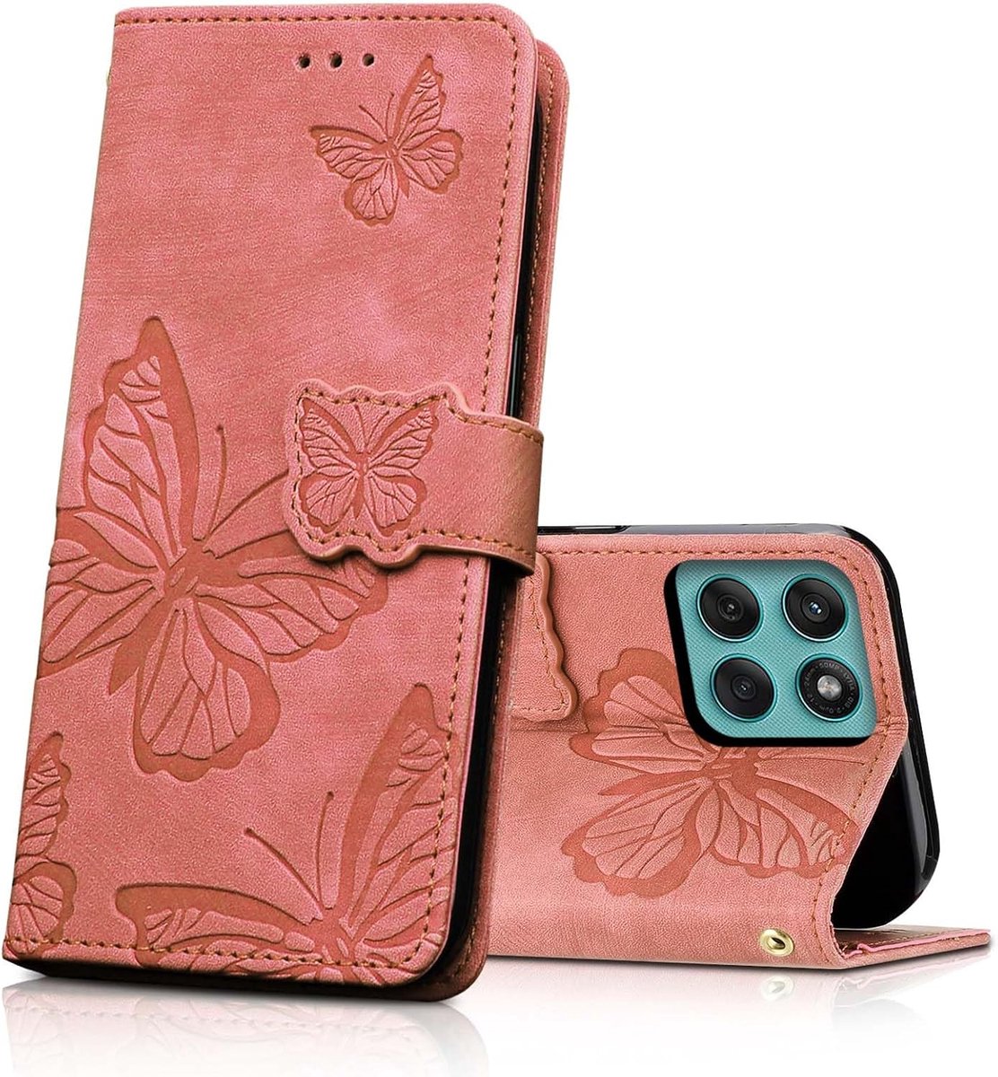 Telefoonhoesje voor Motorola Edge 60 Fusion, beschermhoes, flipcase, PU-leer, magnetische vlinders, lederen hoes, hoes voor Motorola Edge 60 Fusion, roze