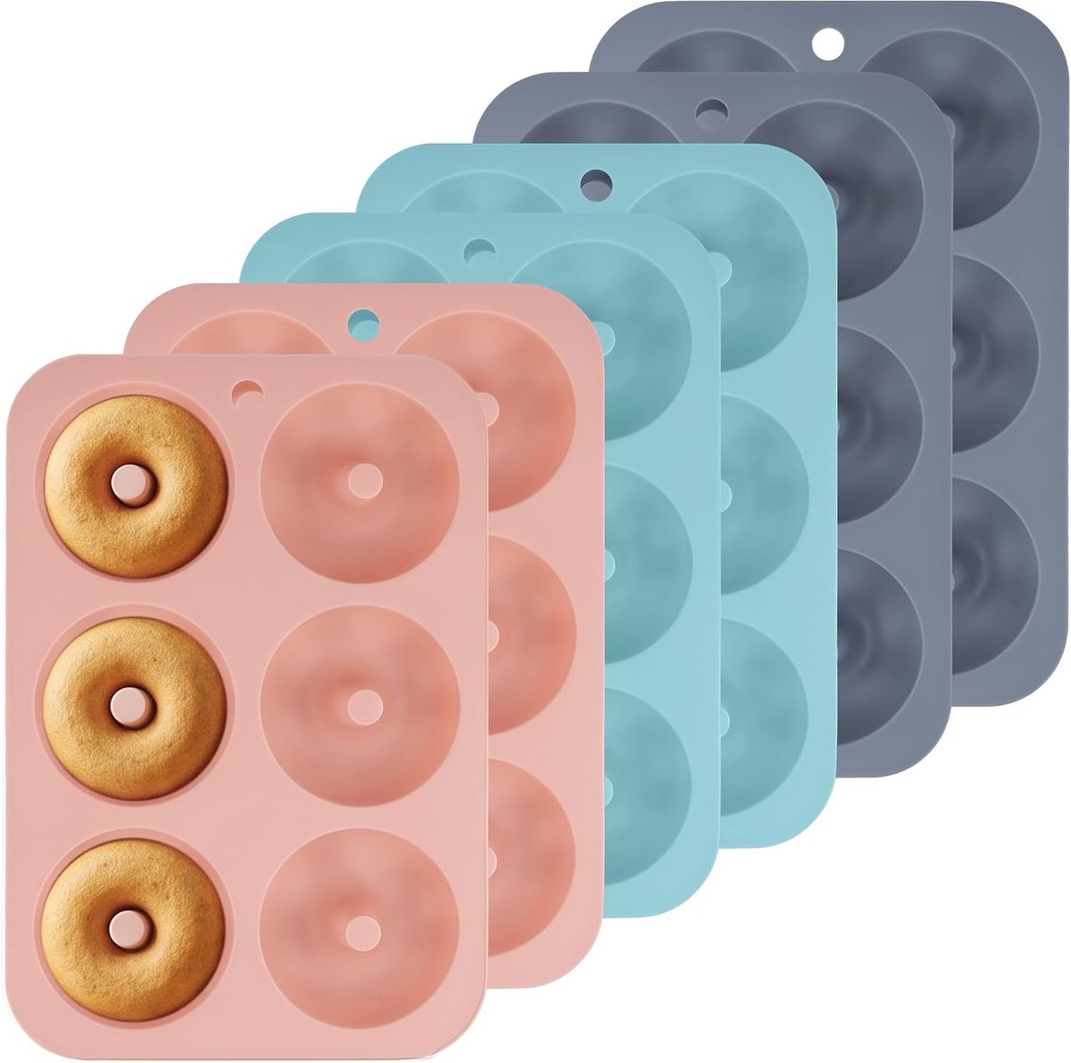 Set van 6 siliconen donutbakvormen met 6 uitsparingen, 26 x 17,8 x 2,2 cm, antiaanbaklaag, donutvorm in verschillende kleuren