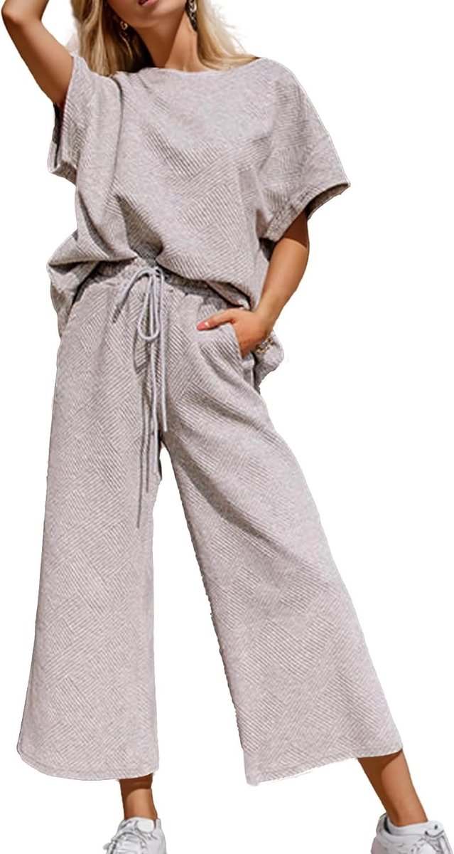 outfits voor dames, getextureerd, sweatpak, 3/4 mouwen, ronde hals, pullover, top, wijde pijpen, broek, trainingspak, set