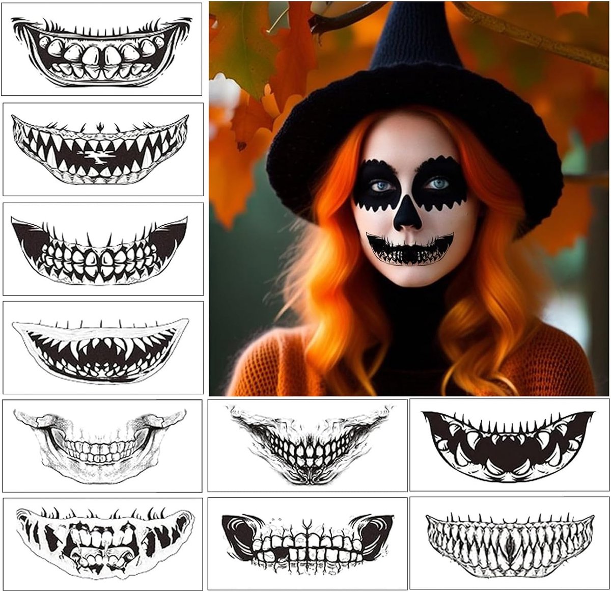 tattoo gezicht, 10vellen Halloween kostuum dames make-up accessoires mondstickers, tijdelijke tatoeages zombie skelet vampier kostuum cosplay gezicht tattoo horror decoratie feestset