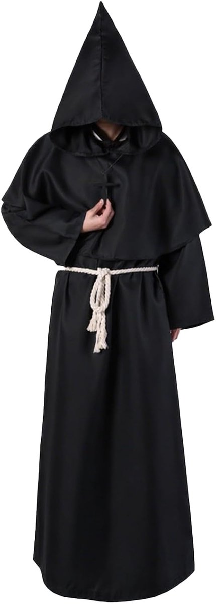 Halloweenkostuum voor heren, monnikskostuum voor heren, priestergewaad met zwarte cape en capuchon, horror scream Halloween-kostuum voor volwassenen, Halloween, party, cosplay, carnaval