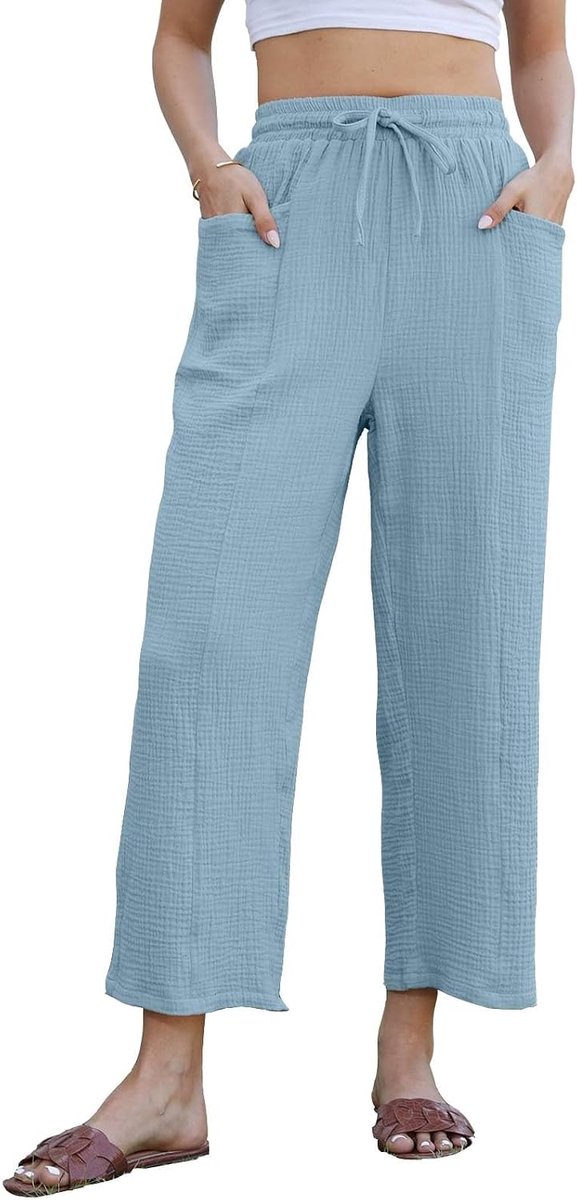 Lichte zomerbroek voor dames van linnen en katoen, lange broek met trekkoord en zakken, zachte broek voor dames, elegant, effen, voor casual strandvakantie
