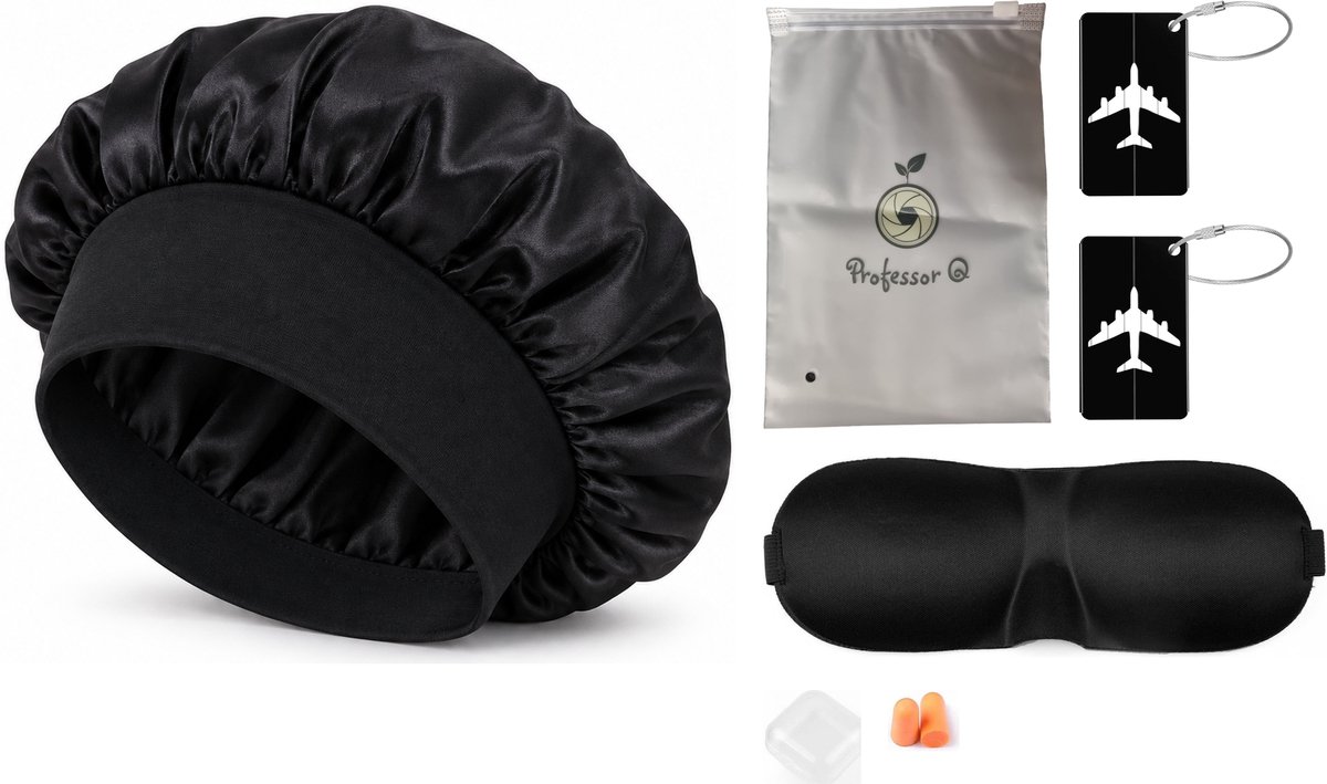 Professor Q Reisset - 2 Aluminium Kofferlabel Zwart - Slaapmasker Zwart - Bonnet Zwart