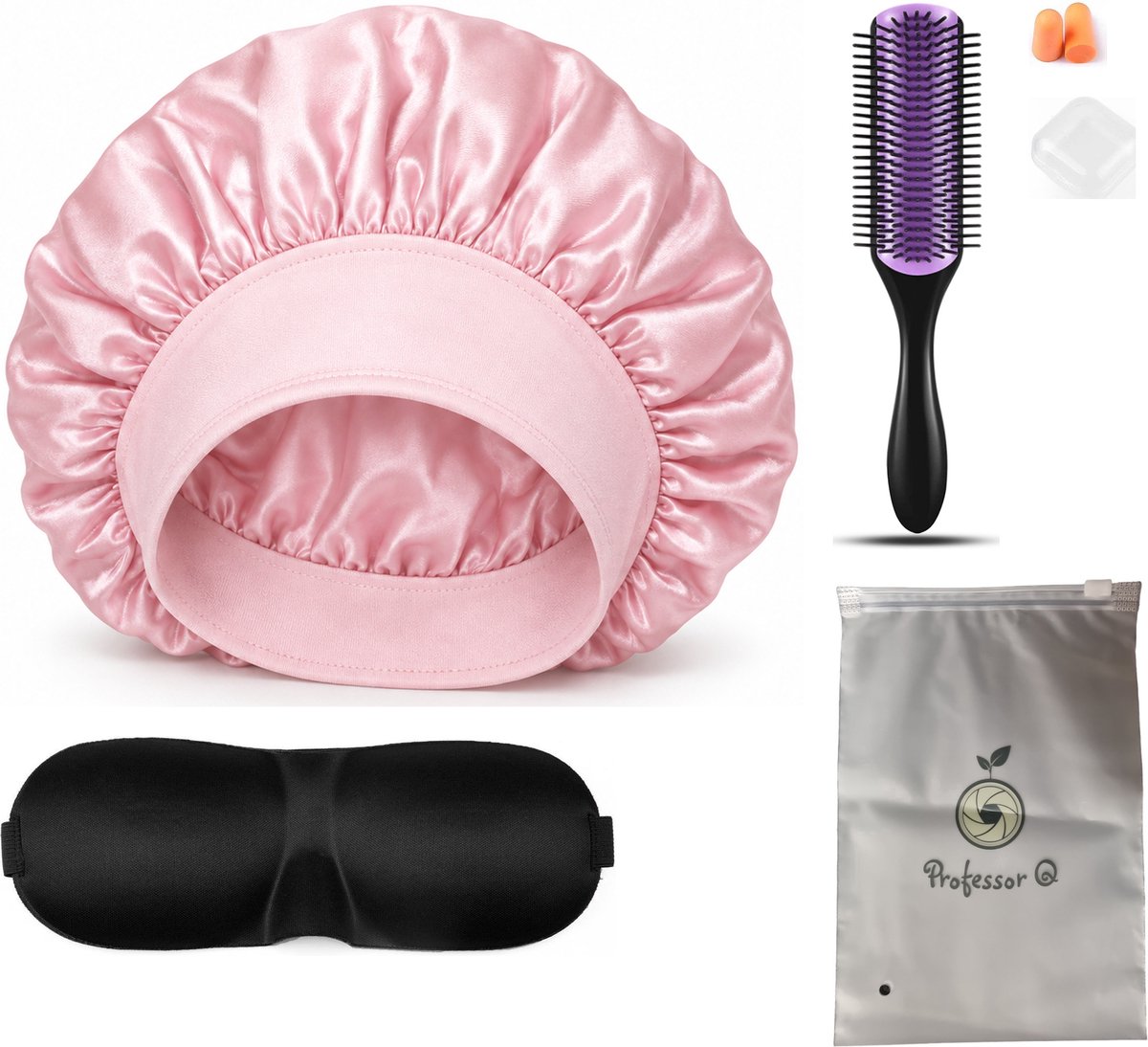 Professor Q Haarverzorgingsset - Bonnet Roze - Purple Black Borstel - Slaapmasker Zwart