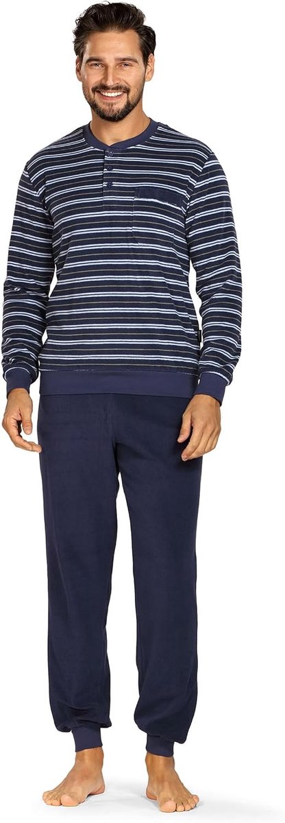 Herenpyjama badstof lange mouwen knoopsluiting 242822 Kleur: Indigo gestreept badstof