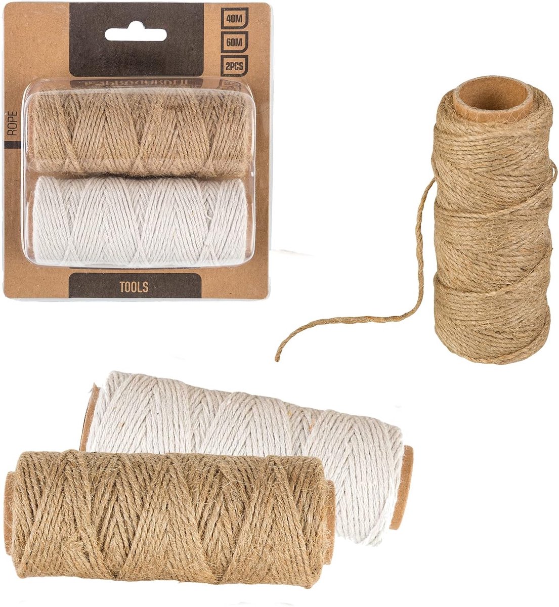 Planet Jute koord koord in bruin en wit - 40 m 60 m - scheurvast koord jute koord tuinkoord om vast te binden knutselsnoer scheurvast