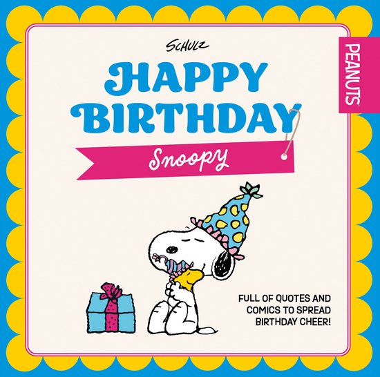 Happy Birthday Snoopy boek met Snoopy in een feesthoed en een blauw cadeau, omrand door een gele schulprand.