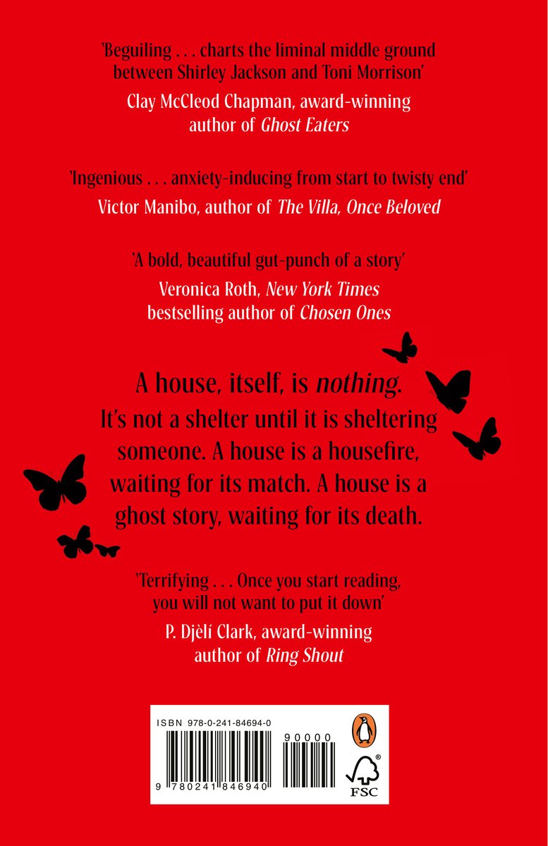 Boekomslag met rode achtergrond, de titel 'A house, itself, is nothing' en citaten van critici, met vlinders.