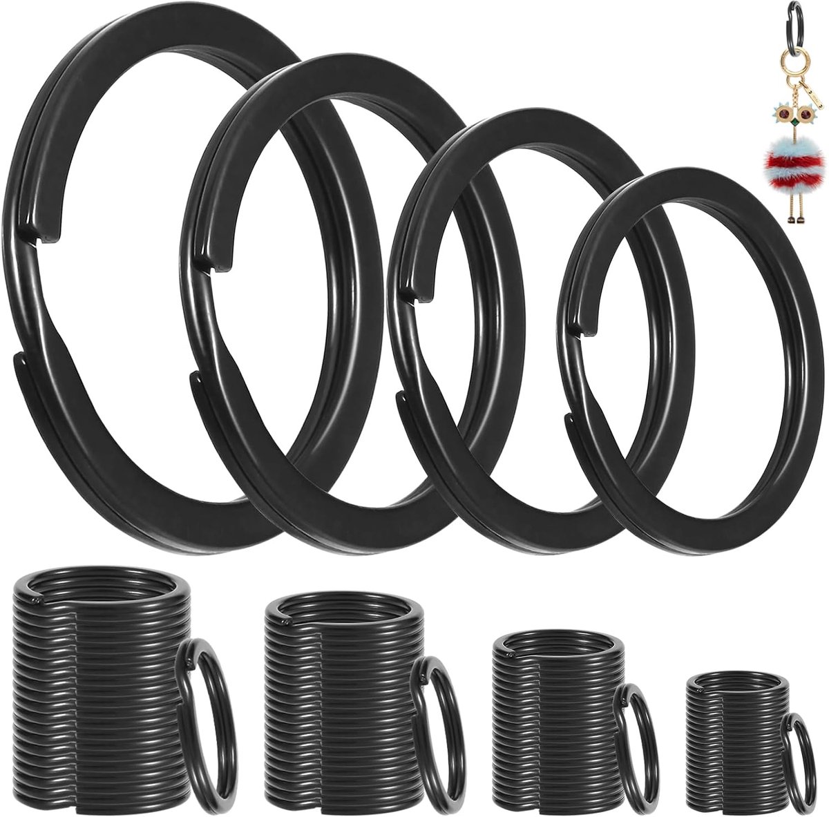 80 stuks, 30 mm, 25 mm, 20 mm, 15 mm, zwarte set sleutelhangers, ringen om te knutselen, sleutelring, stabiele platte sleutelhanger voor sleutels, doe-het-zelf handwerk, 4 maten