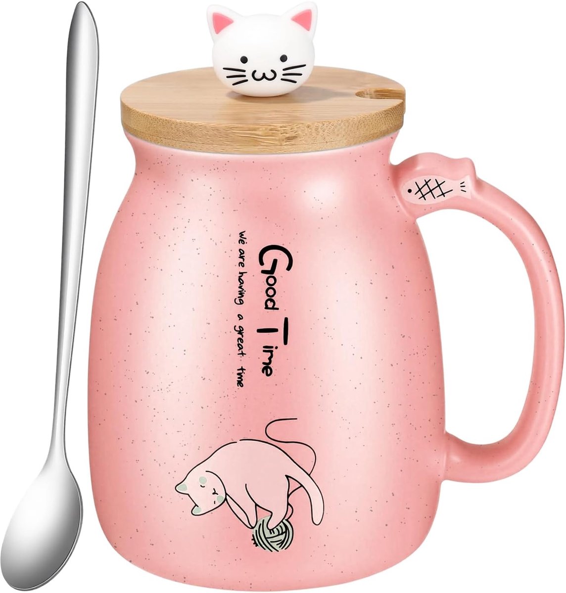 Koffiemok met kattenmotief, roze mok met bamboedeksel, lepel en onderzetter, vaatwasmachinebestendig, cadeau voor vrouwen